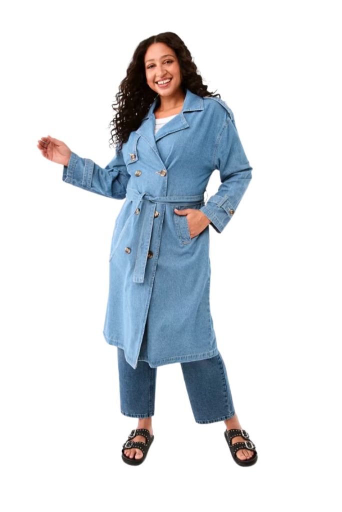 E-commerce image of woman wearing a denim trench from Kmart