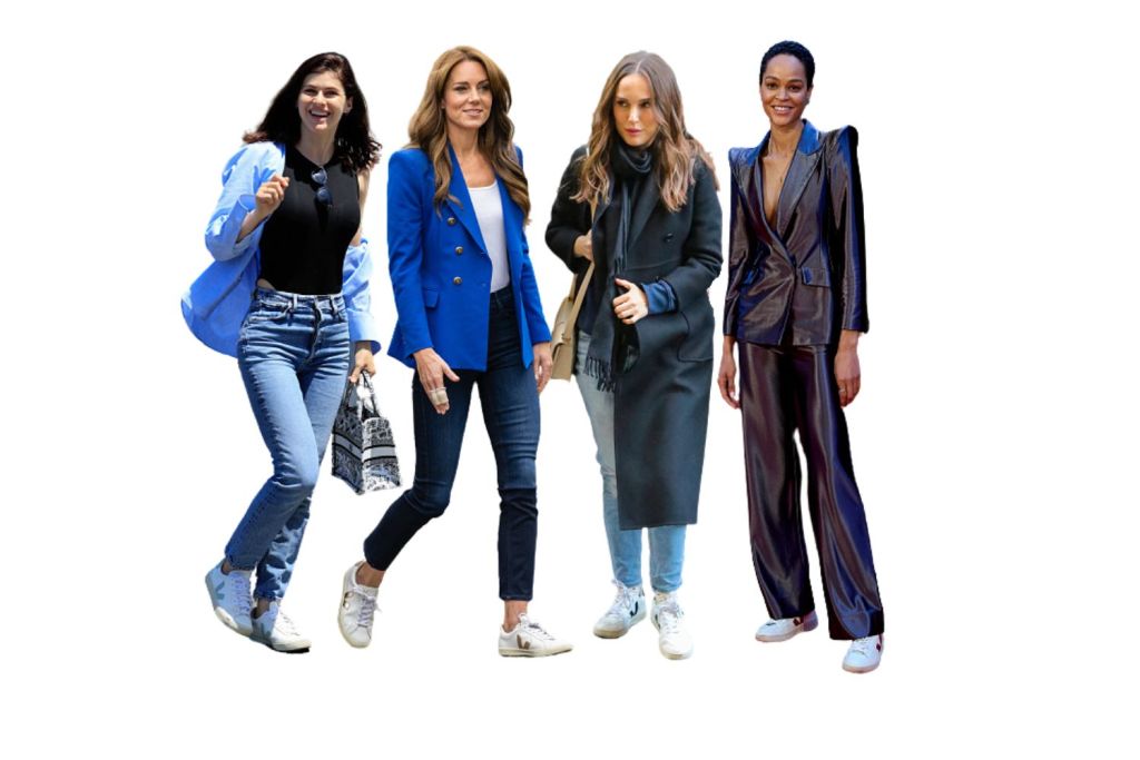 Photo compilation of celebrities wearing VEJA styled with different day to night outfits. From left to right Alexandra Daddario, Catherine, Princess of Wales, Natalie Portman,  Godeliv Van den Brandt.