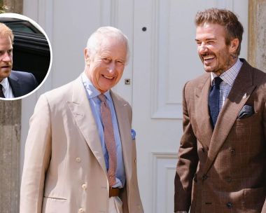 An upset Prince Harry looks on as David Beckham and King Charles share a laugh