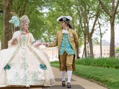 Amber Lyster The Princess of Perth wears regency era gown with her partner Chris