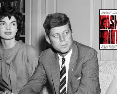 JFK and Janet sit on coach in black and white photo with image of new book