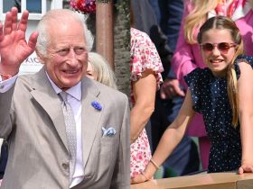 King Charles waves in a gray suit, wearing a friendship bracelet like the one Princess Charlotte wears at Wimbledon