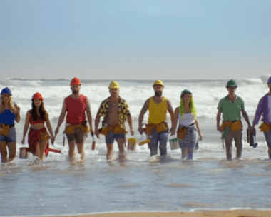 Five contestants line up on the beach for The Block promo.